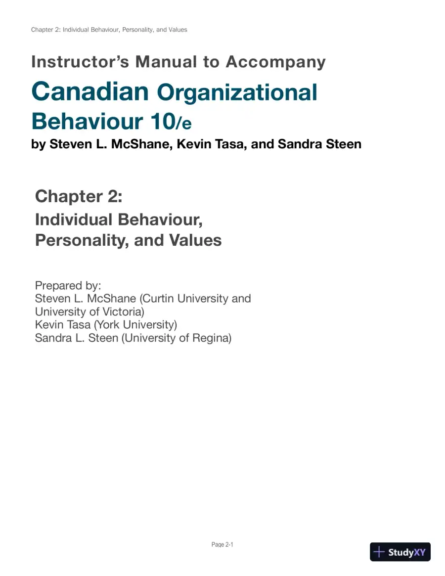 Lecture Notes for Canadian Organizational Behaviour, 10th Edition, page 17