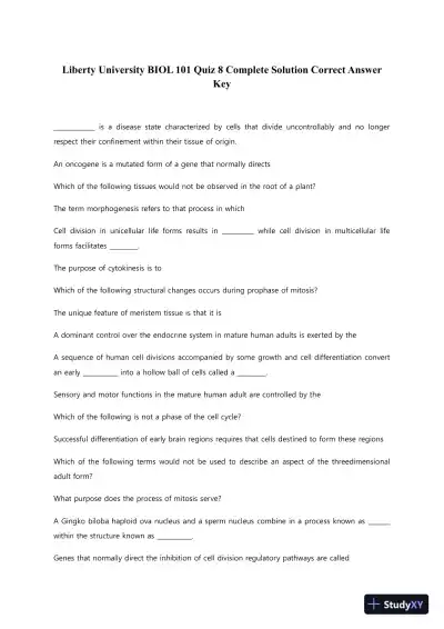 Liberty University BIOL 101 Quiz 8 Complete Solution Correct Answer Key - Page 1 preview image