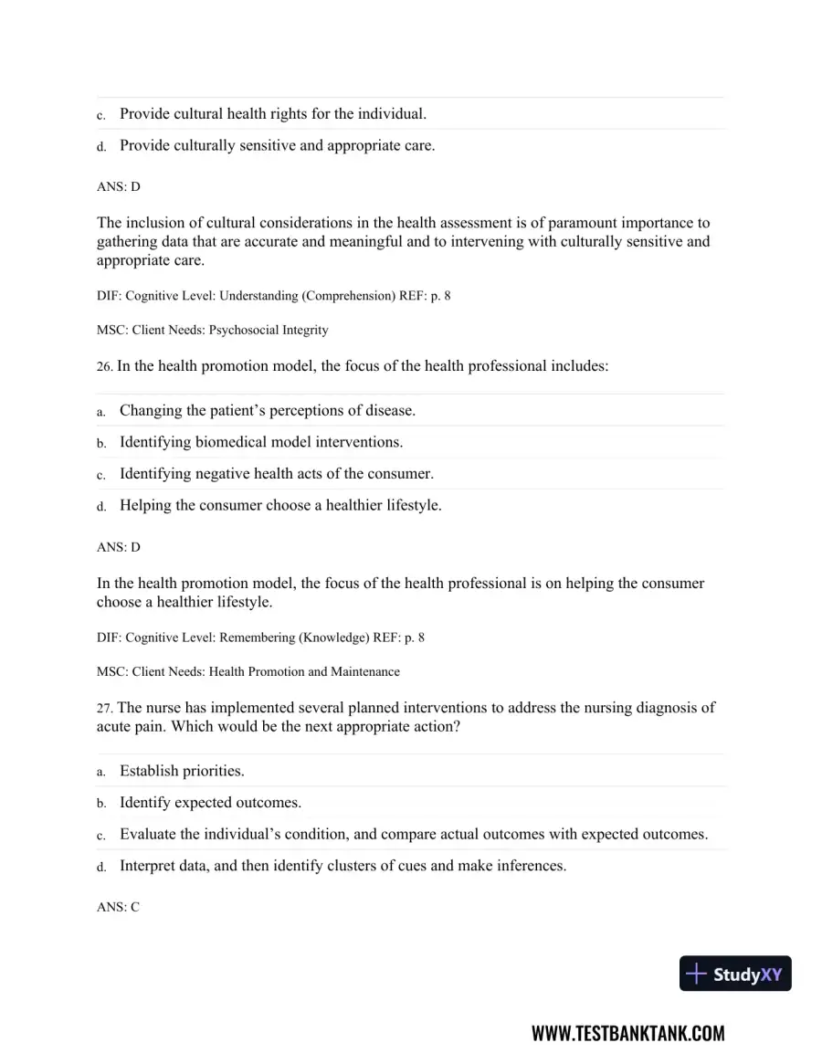 Physical Examination and Health Assessment 8th Edition Test Bank, page 13