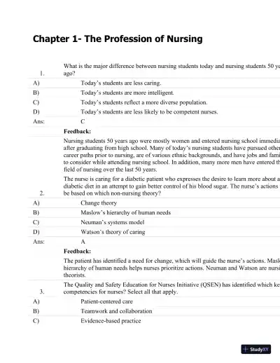 Test Bank For Fundamentals Of Nursing: Human Health And Function (Craven, Fundamentals Of Nursing: Human Health And Function), 7th Edition - Page 1 preview image