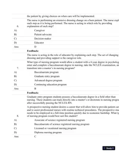 Test Bank For Fundamentals Of Nursing: Human Health And Function (Craven, Fundamentals Of Nursing: Human Health And Function), 7th Edition - Page 4 preview image