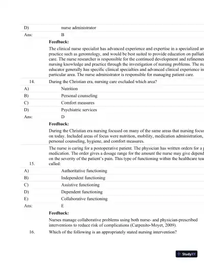 Test Bank For Fundamentals Of Nursing: Human Health And Function (Craven, Fundamentals Of Nursing: Human Health And Function), 7th Edition - Page 7 preview image