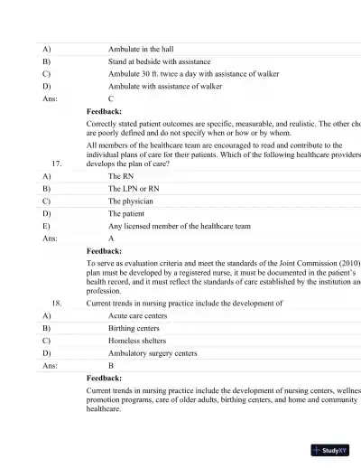 Test Bank For Fundamentals Of Nursing: Human Health And Function (Craven, Fundamentals Of Nursing: Human Health And Function), 7th Edition - Page 8 preview image