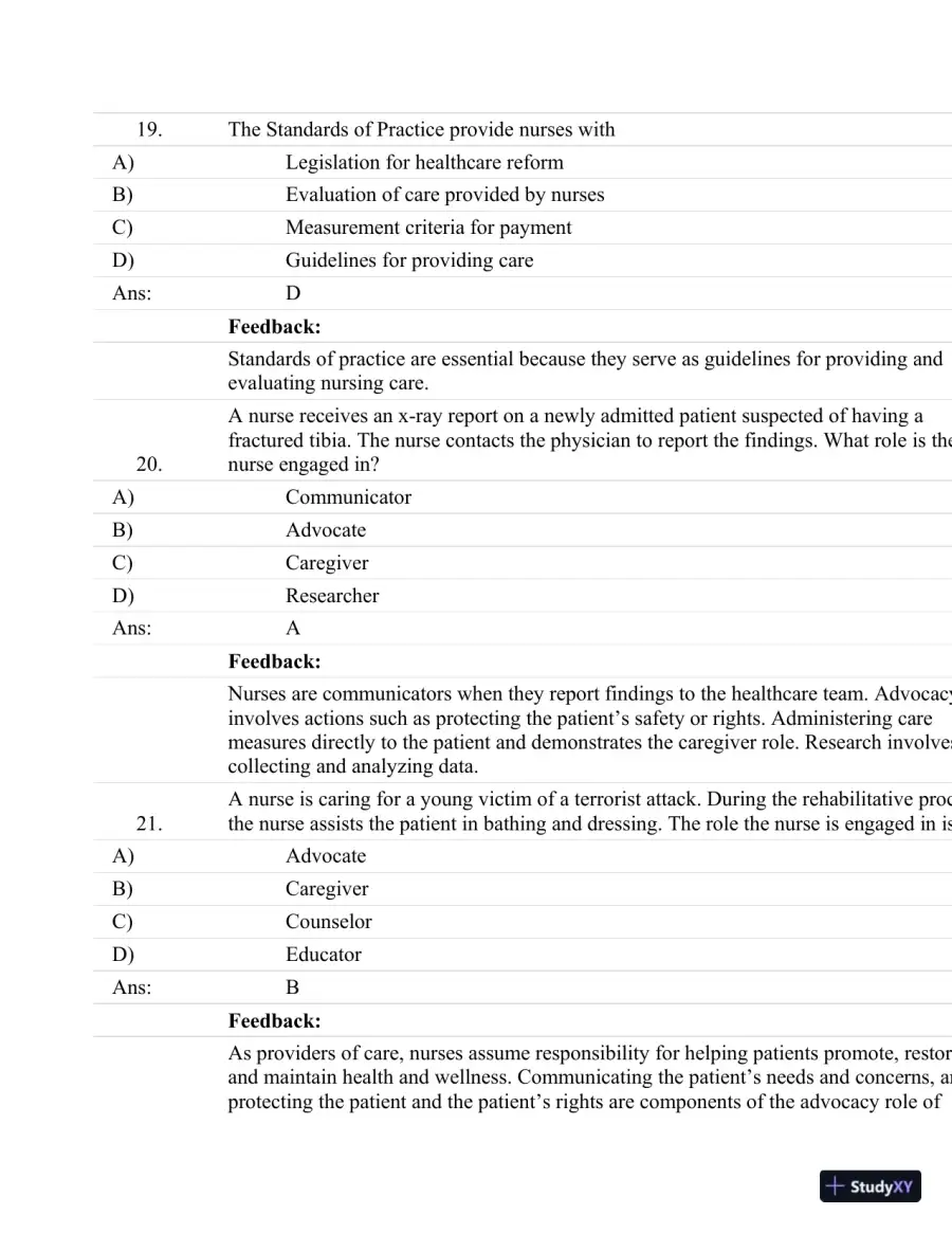 Test Bank For Fundamentals Of Nursing: Human Health And Function (Craven, Fundamentals Of Nursing: Human Health And Function), 7th Edition, page 9