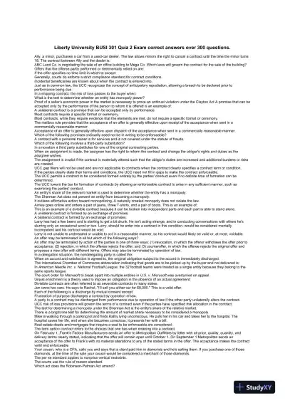 Liberty University BUSI 301 Quiz 2 Exam correct answers over 300 questions - Page 1 preview image