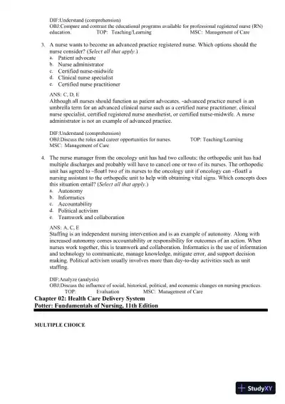 Test Bank for Fundamentals of Nursing, 11th edition (Chapters 1-24) - Page 11 preview image