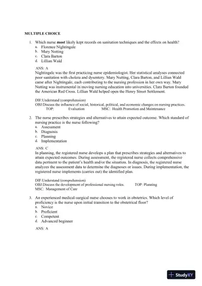 Test Bank for Fundamentals of Nursing, 11th edition (Chapters 1-24) - Page 3 preview image