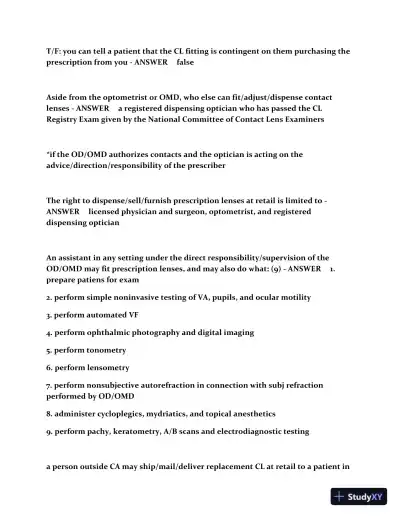 CA Optometry Law Practice Exam with Answers (187 Solved Questions) - Page 10 preview image