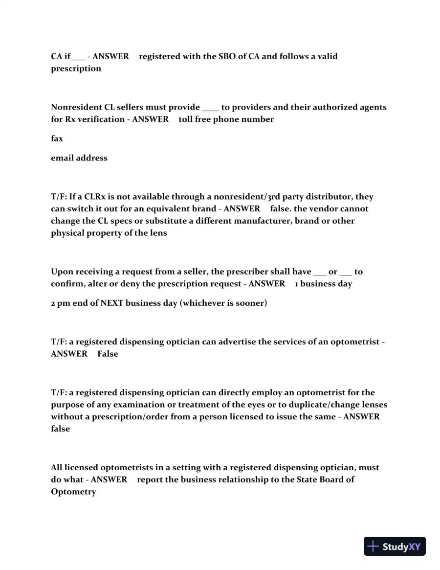 CA Optometry Law Practice Exam with Answers (187 Solved Questions), page 11