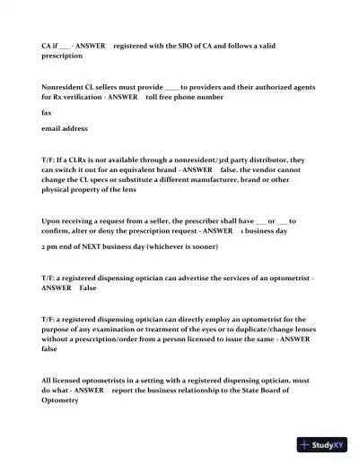 CA Optometry Law Practice Exam with Answers (187 Solved Questions) - Page 11 preview image
