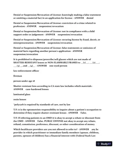 CA Optometry Law Practice Exam with Answers (187 Solved Questions) - Page 3 preview image