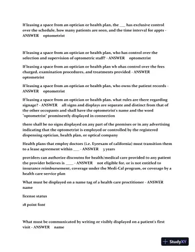 CA Optometry Law Practice Exam with Answers (187 Solved Questions) - Page 5 preview image