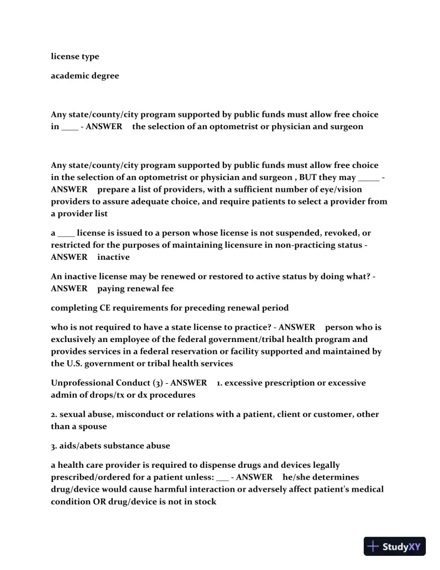 CA Optometry Law Practice Exam with Answers (187 Solved Questions), page 6