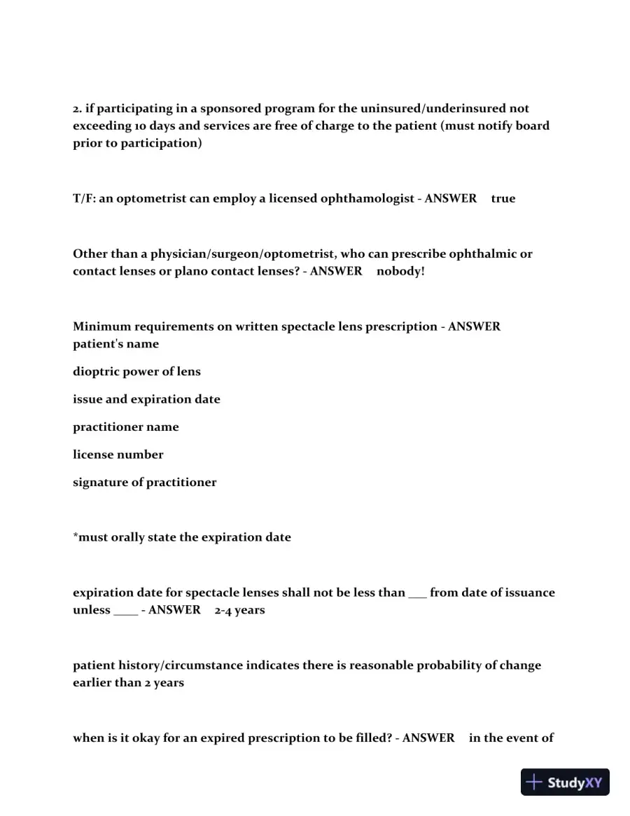 CA Optometry Law Practice Exam with Answers (187 Solved Questions), page 8