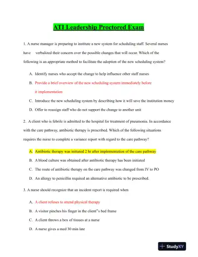 ATI Leadership Proctored Exam with Answers (70 Solved Questions) - Page 1 preview image