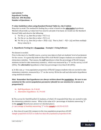 Lab Activity 7: Hypothesis Testing for Proportions and Means: A Comprehensive Analysis Using Statistical Methods - Page 1 preview image