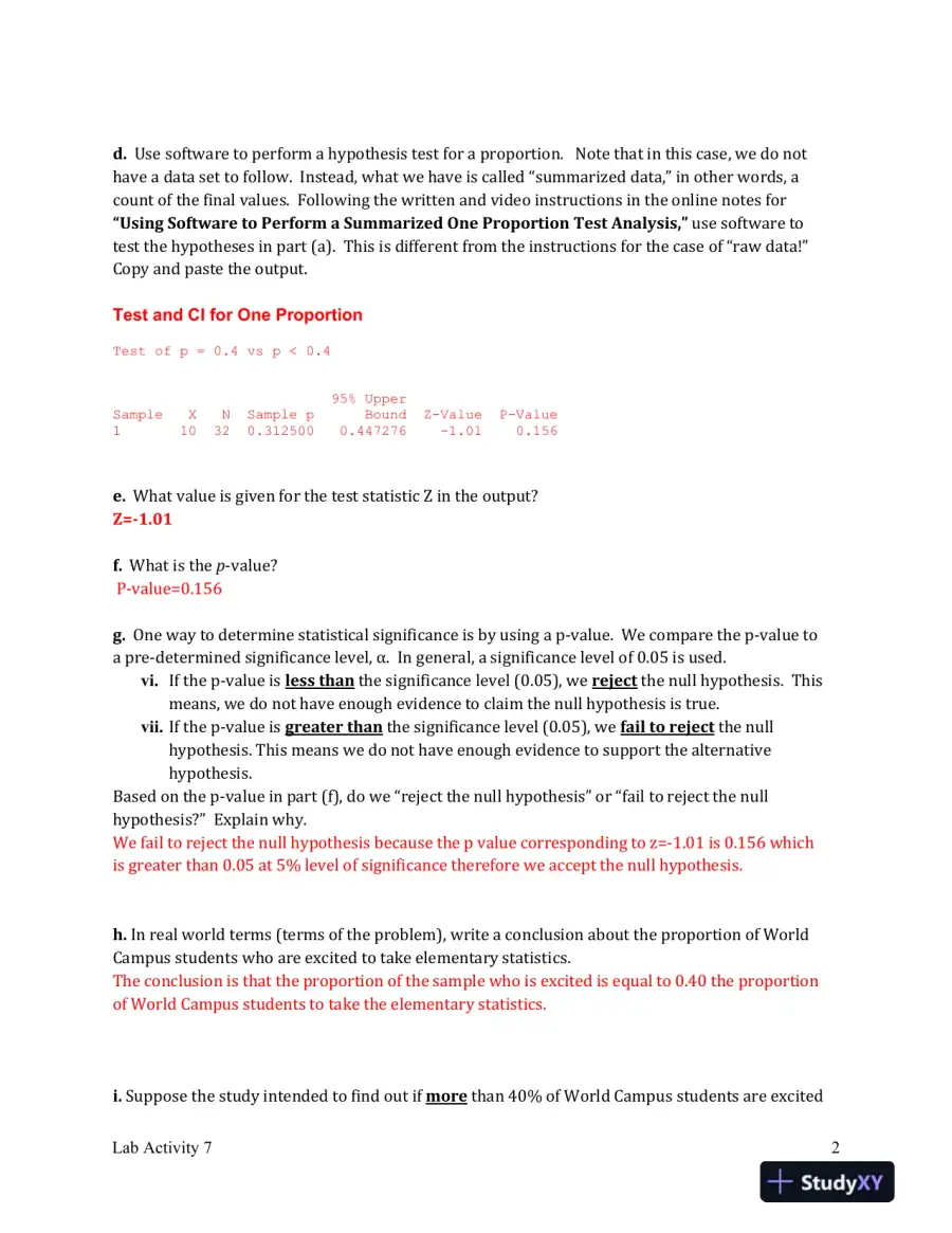 Lab Activity 7: Hypothesis Testing for Proportions and Means: A Comprehensive Analysis Using Statistical Methods, page 3