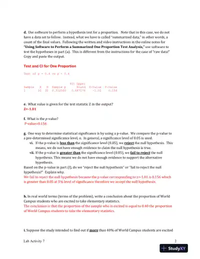 Lab Activity 7: Hypothesis Testing for Proportions and Means: A Comprehensive Analysis Using Statistical Methods - Page 3 preview image