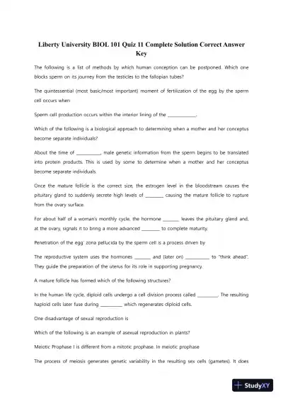 Liberty University BIOL 101 Quiz 11 Complete Solution Correct Answer Key - Page 1 preview image