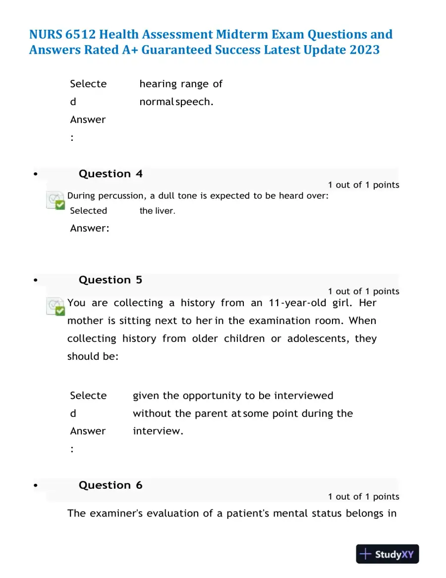 2023 NURS6512 Health Assessment Midterm Exam With Answers (100 Solved Questions), page 3