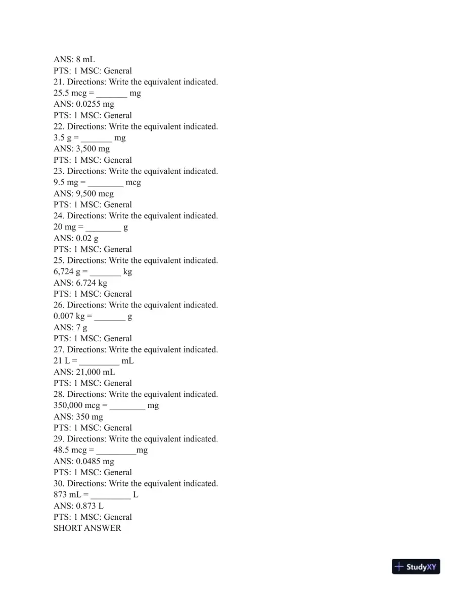 Test Bank for Henke's Med-Math: Dosage Calculation, Preparation, and Administration, 9th Edition (Chapters 1-10), page 11