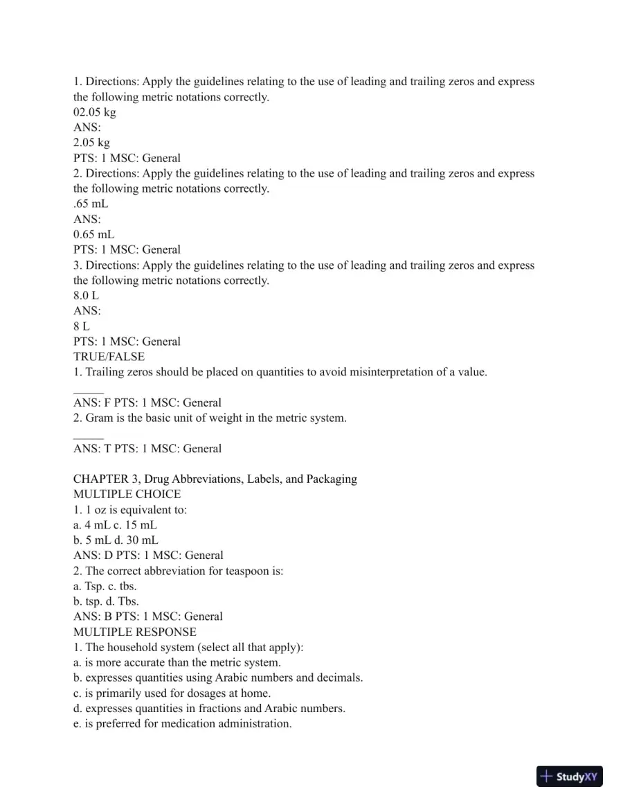 Test Bank for Henke's Med-Math: Dosage Calculation, Preparation, and Administration, 9th Edition (Chapters 1-10), page 12