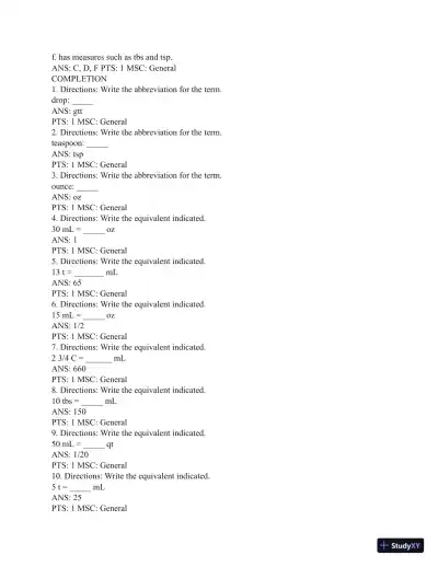 Test Bank for Henke's Med-Math: Dosage Calculation, Preparation, and Administration, 9th Edition (Chapters 1-10) - Page 13 preview image