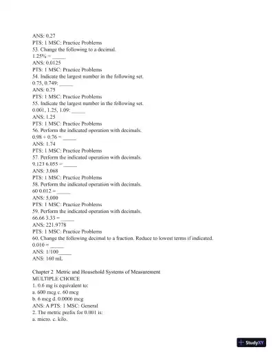Test Bank for Henke's Med-Math: Dosage Calculation, Preparation, and Administration, 9th Edition (Chapters 1-10) - Page 7 preview image
