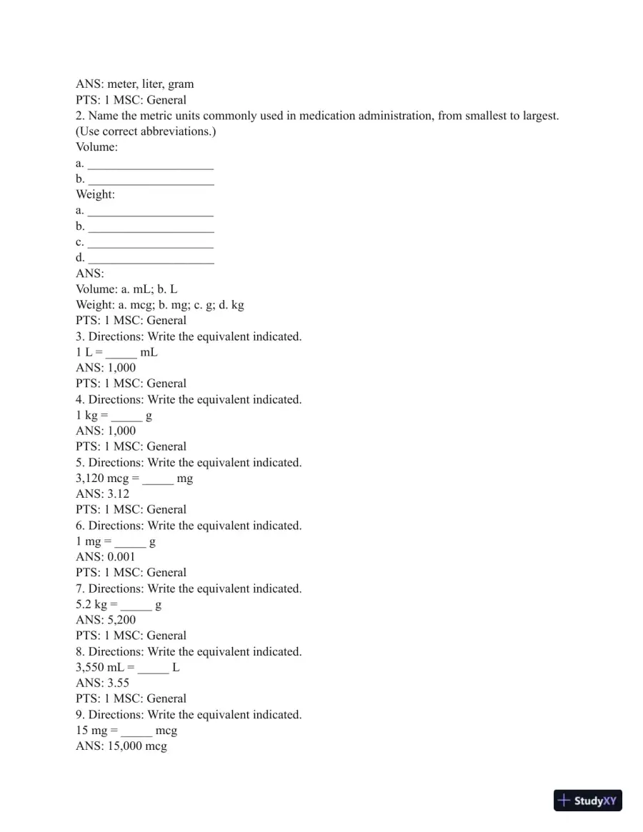 Test Bank for Henke's Med-Math: Dosage Calculation, Preparation, and Administration, 9th Edition (Chapters 1-10), page 9