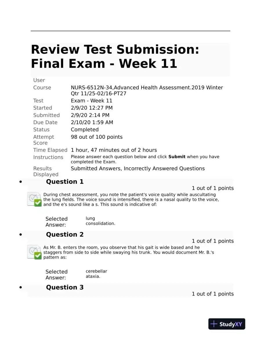 2023-2024 NURS6512 Advanced Health Assessment Final Exam Week 11 With Answers (100 Solved Questions), page 3