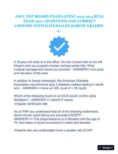 2023-2024 ANCC FNP Board Exam Latest Real Exam with Answers (150 Solved Questions) - Page 1 preview image