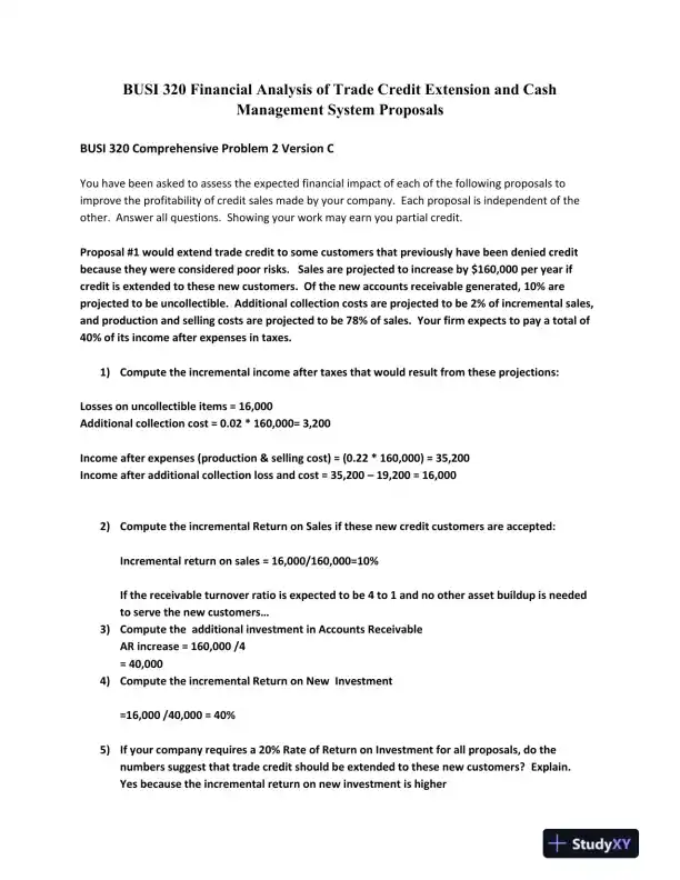 BUSI 320 Financial Analysis of Trade Credit Extension and Cash Management System Proposals - Page 1 preview image