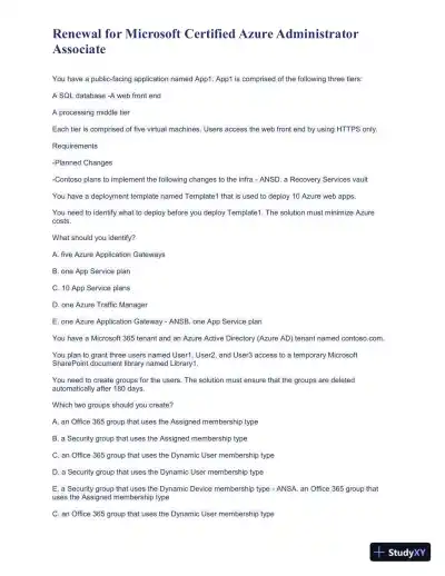 Renewal for Microsoft Certified Azure Administrator Associate Practice Exam with Answers (43 Solved Questions) - Page 3 preview image