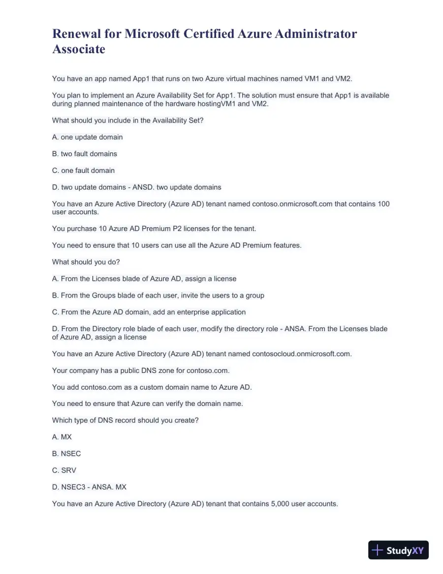 Renewal for Microsoft Certified Azure Administrator Associate Practice Exam with Answers (43 Solved Questions), page 4