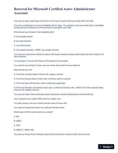 Renewal for Microsoft Certified Azure Administrator Associate Practice Exam with Answers (43 Solved Questions) - Page 4 preview image