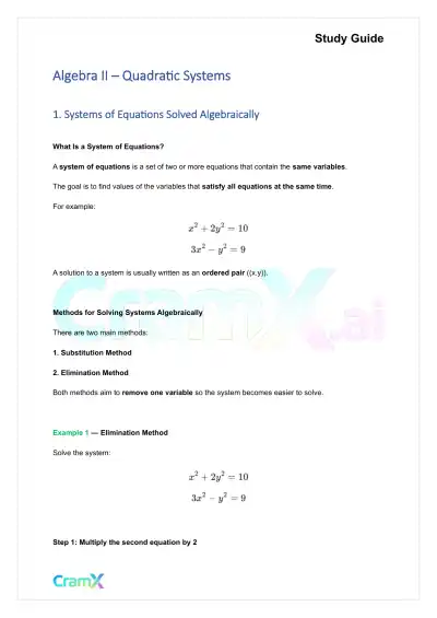 Algebra II – Quadratic Systems - Page 1 preview image