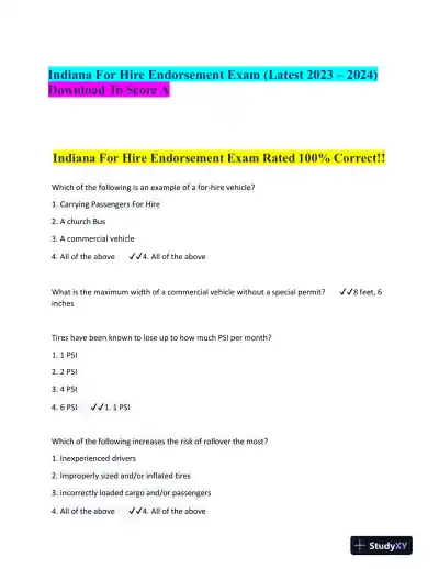 2023-2024 Indiana For Hire Others Endorsement Exam With Answers (34 Solved Questions) - Page 1 preview image