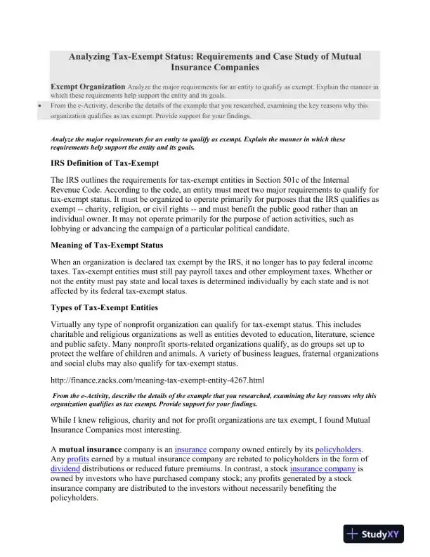 Analyzing Tax-Exempt Status: Requirements and Case Study of Mutual Insurance Companies - Page 1 preview image