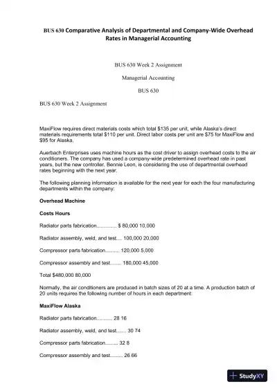 BUS 630 Comparative Analysis of Departmental and Company-Wide Overhead Rates in Managerial Accounting - Page 1 preview image