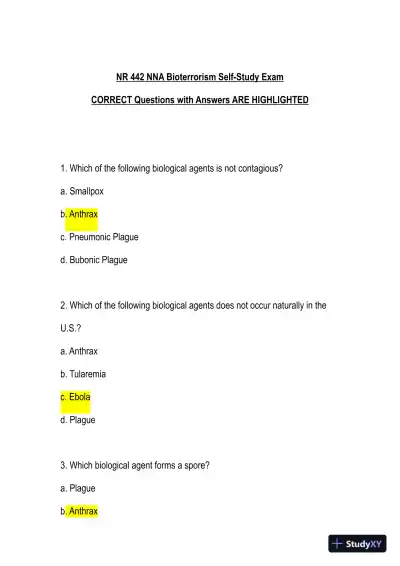 NR442 NNA Bioterrorism Self Study Exam With Answers (10 Solved Questions) - Page 1 preview image