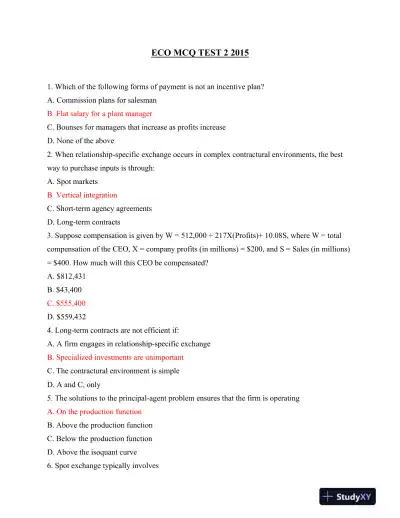 ECO MCQ Test 2 - 2015: Market Structures, Incentives, and Profit Maximization - Page 1 preview image