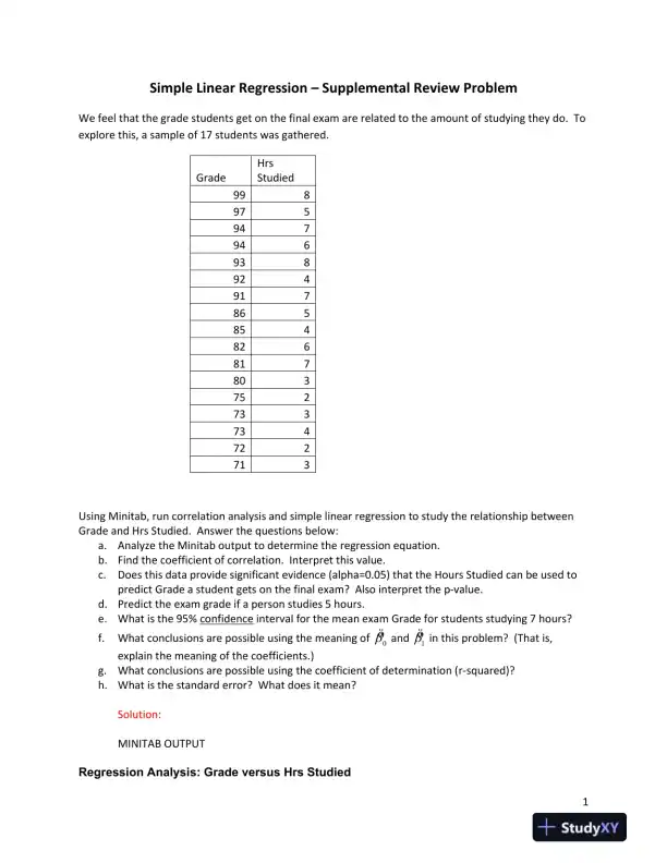 Simple Linear Regression � Supplemental Review Problem - Page 1 preview image