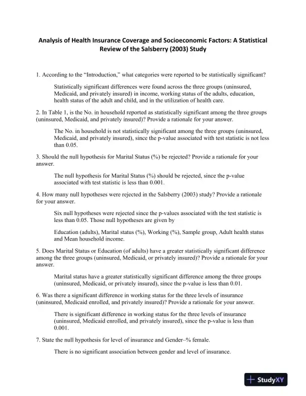 Analysis of Health Insurance Coverage and Socioeconomic Factors: A Statistical Review of the Salsberry (2003) Study - Page 1 preview image