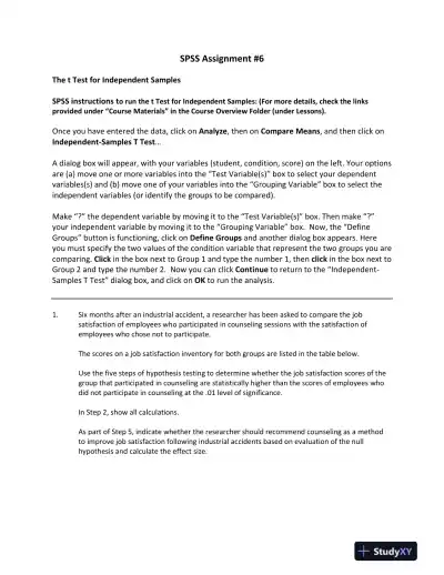 Analyzing the Impact of Counseling and Exercise on Job Satisfaction and Health Perceptions: A T-Test for Independent Samples Assignment #6 - Page 1 preview image