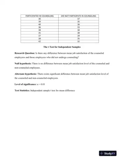 Analyzing the Impact of Counseling and Exercise on Job Satisfaction and Health Perceptions: A T-Test for Independent Samples Assignment #6 - Page 3 preview image