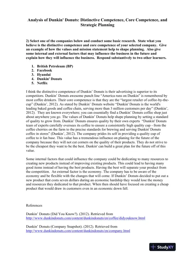 Analysis of Dunkin' Donuts: Distinctive Competence, Core Competence, and Strategic Planning - Page 1 preview image