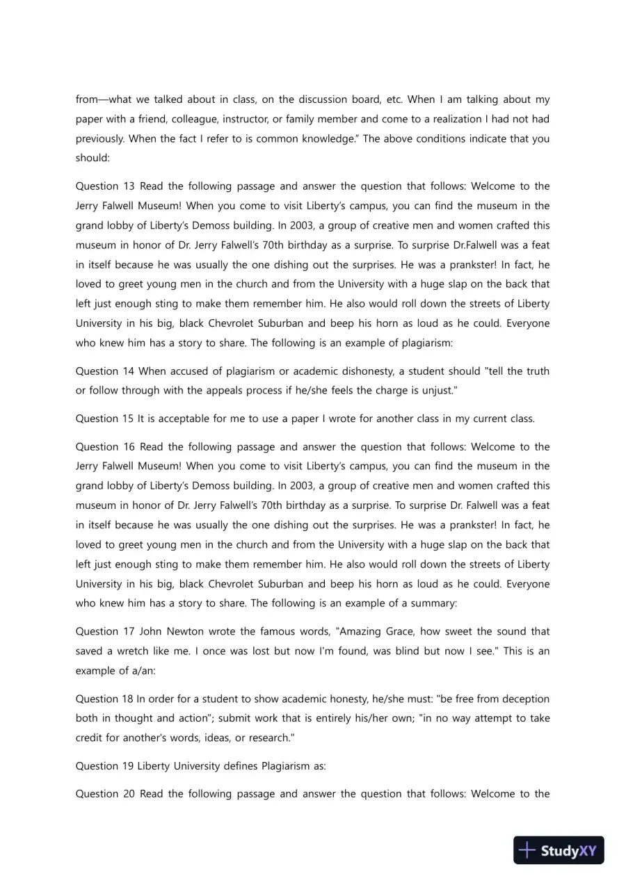 Liberty University ENGL 100 Plagiarism Quiz Complete Solution Correct Answer Key, page 3