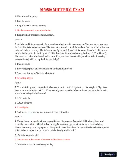 MN580 Child Care Midterm Exam With Answers (61 Solved Questions) - Page 1 preview image