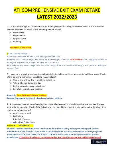 2022-2023 ATI Nursing Diagnosis Comprehensive Exit Exam With Answers (165 Solved Questions) - Page 1 preview image
