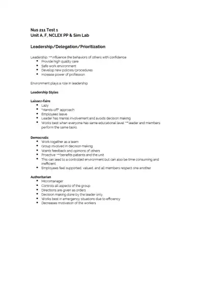 Nus 211 Test 1 Unit A, F, NCLEX PP and Sim Lab - Page 1 preview image